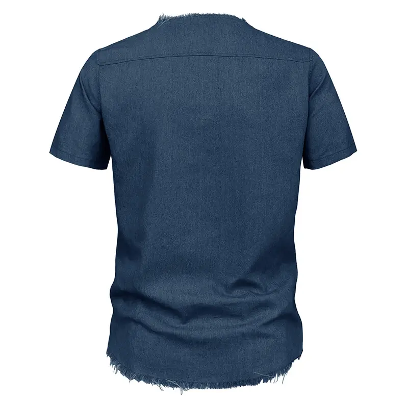 2023 Men's Blue Denim V-Neck T-Shirt with Lace-Up Cord — feature 5