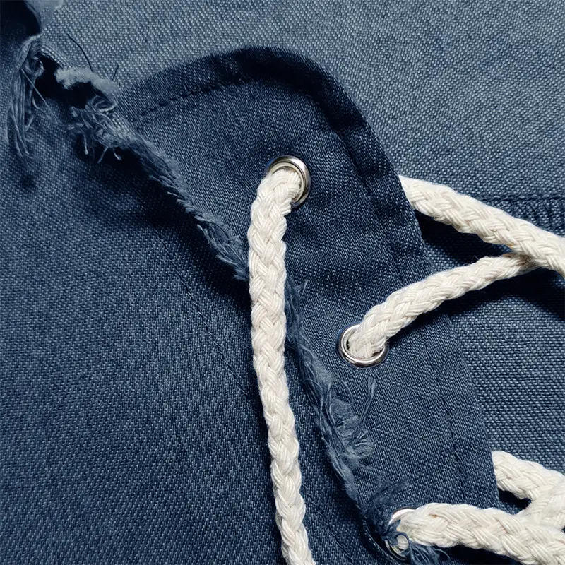 2023 Men's Blue Denim V-Neck T-Shirt with Lace-Up Cord — feature 6