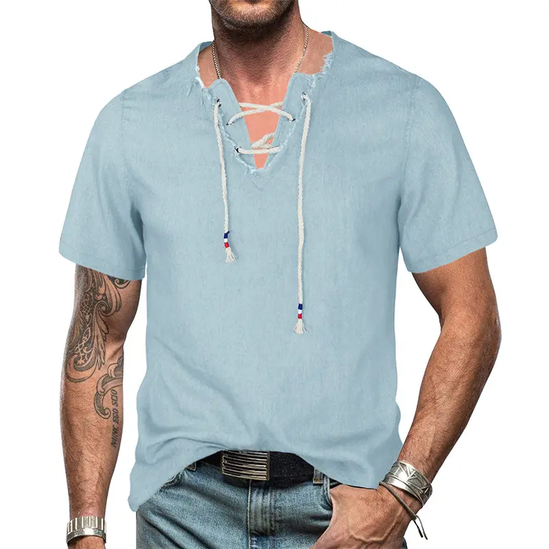 2023 Men's Blue Denim V-Neck T-Shirt with Lace-Up Cord — feature 9