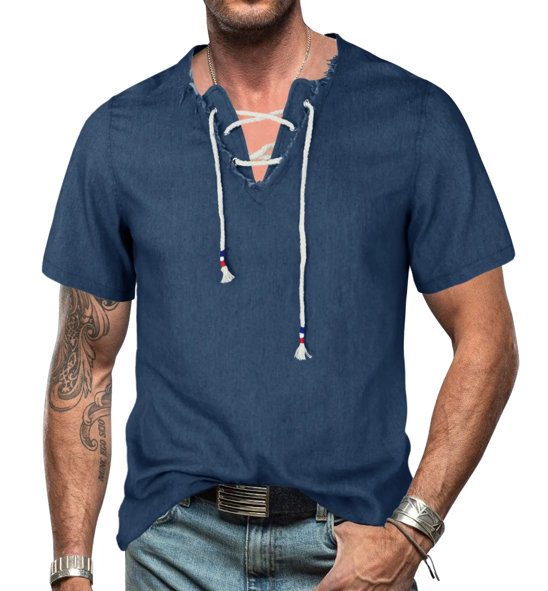 2023 Men's Blue Denim V-Neck T-Shirt with Lace-Up Cord - Image 2