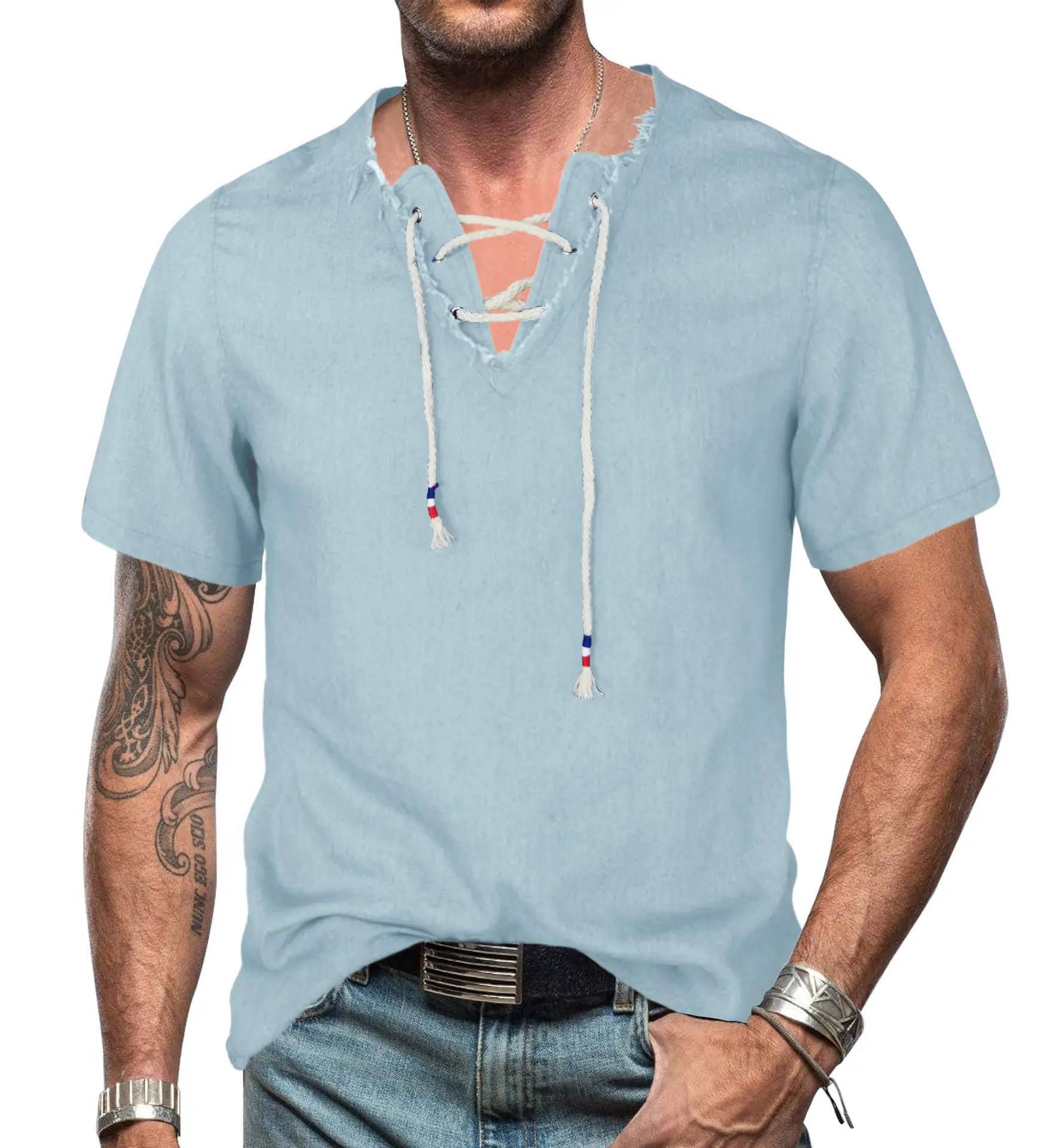 2023 Men's Blue Denim V-Neck T-Shirt with Lace-Up Cord - Image 3