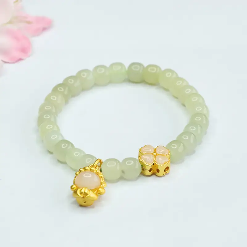Glowing Green Jade Buddha Bracelet with Four Leaf Clover - Image 3