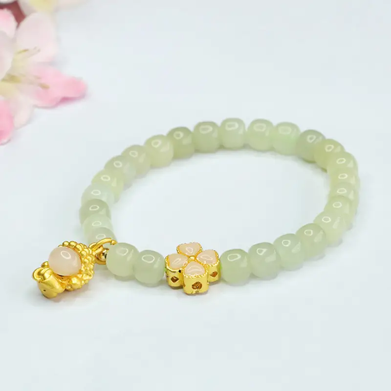Glowing Green Jade Buddha Bracelet with Four Leaf Clover - Image 4
