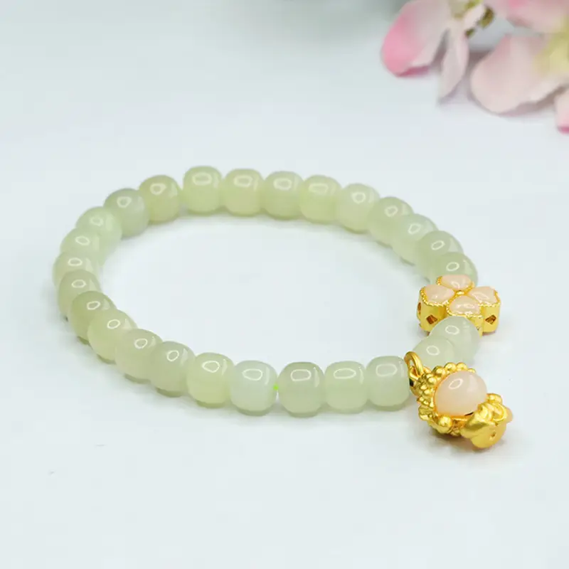 Glowing Green Jade Buddha Bracelet with Four Leaf Clover - Image 5