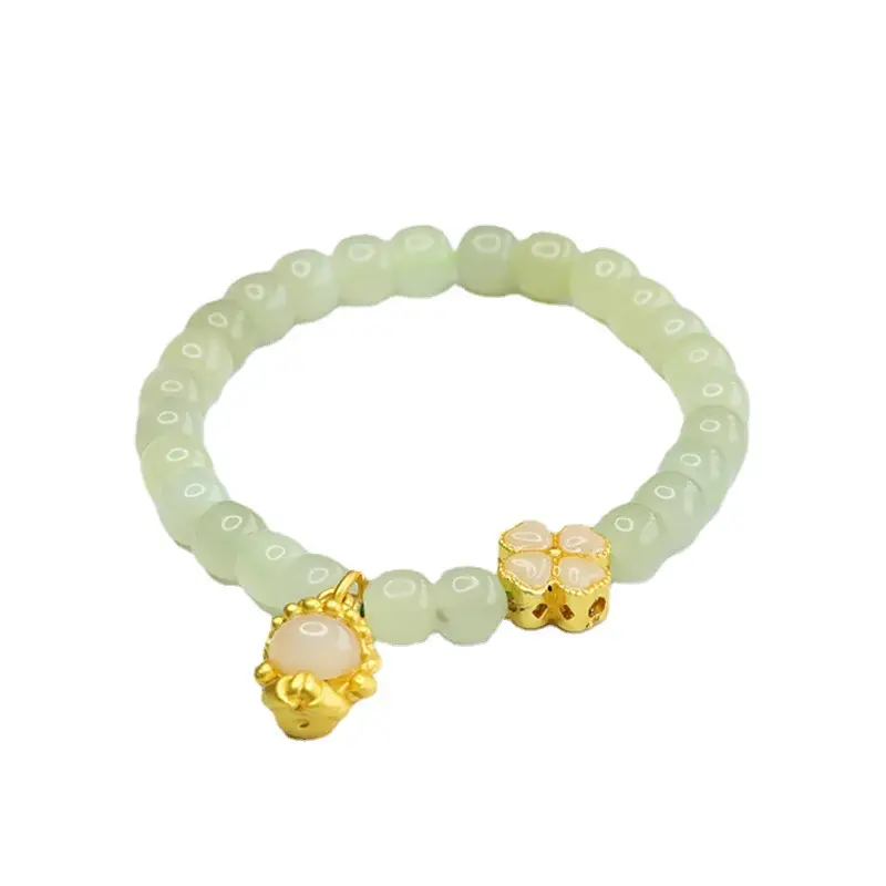 Glowing Green Jade Buddha Bracelet with Four Leaf Clover - Image 6
