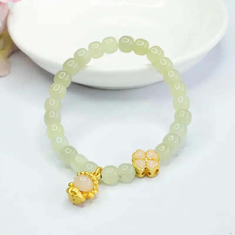 Glowing Green Jade Buddha Bracelet with Four Leaf Clover — feature 7