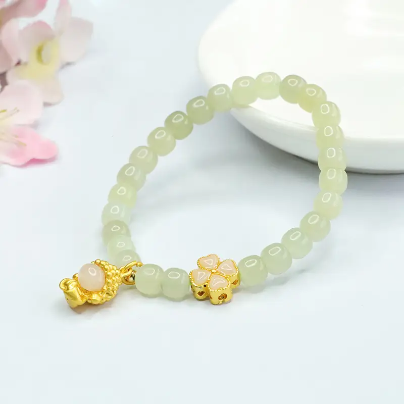 Glowing Green Jade Buddha Bracelet with Four Leaf Clover — feature 8