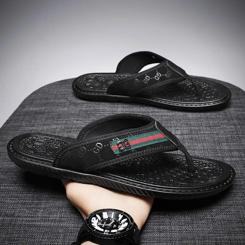 Men's Black Croc Croc Flip Flops with Gucci Logo