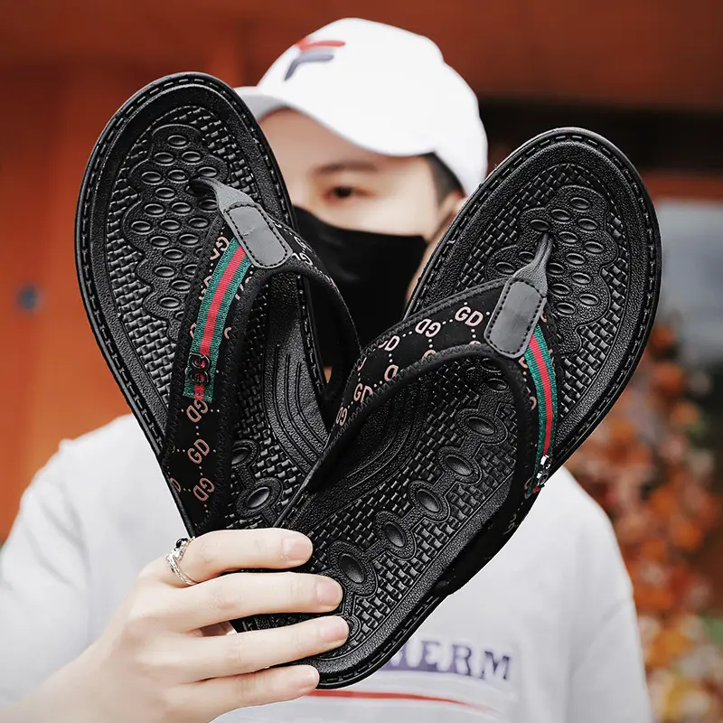 Men's Black Croc Croc Flip Flops with Gucci Logo