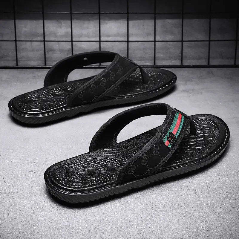 Men's Black Croc Croc Flip Flops with Gucci Logo