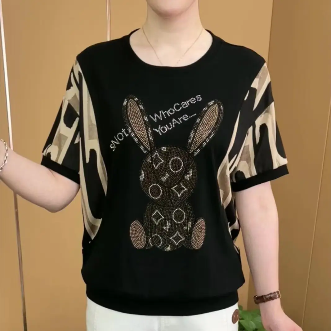 Women Rhinestone Feather T-Shirt Black Short Sleeve - Image 2