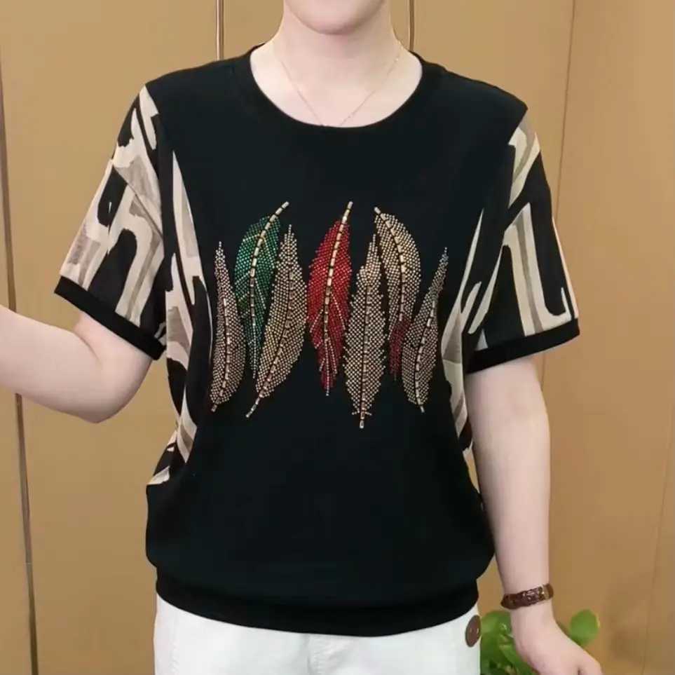 Women Rhinestone Feather T-Shirt Black Short Sleeve — feature 8