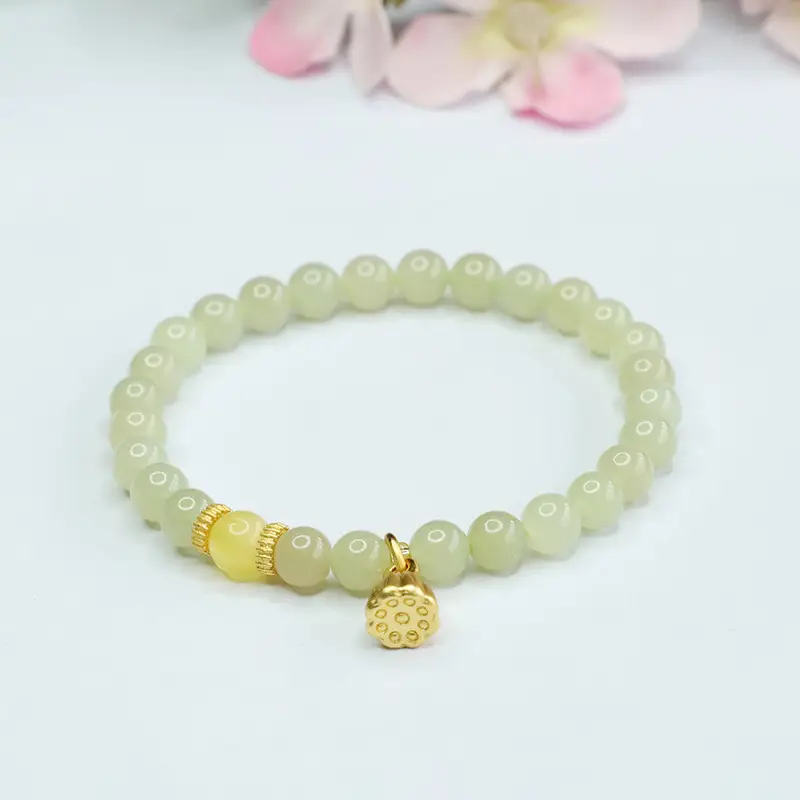 Guan Yu Jade Clear Water Bracelet with Lotus Charm - Image 3