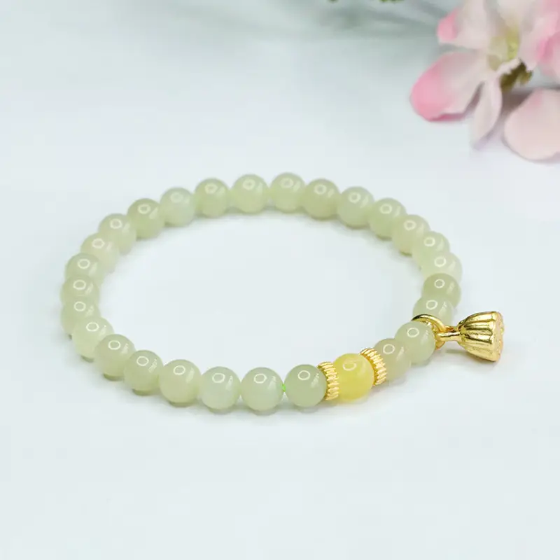 Guan Yu Jade Clear Water Bracelet with Lotus Charm - Image 5
