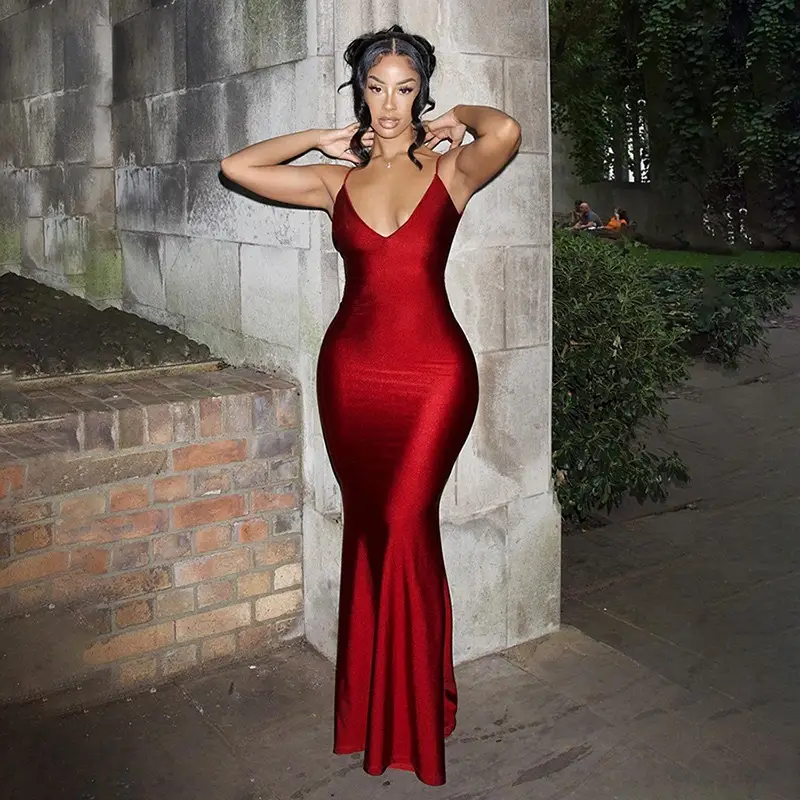 Red Mermaid Dress Deep V Backless Spaghetti Strap 2023 — feature 22