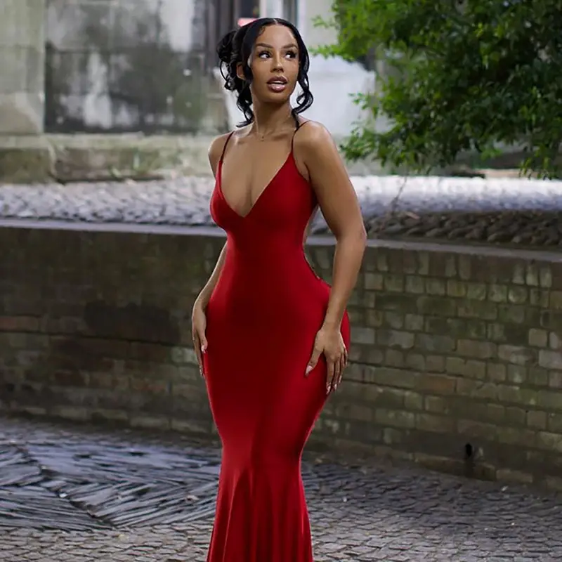 Red Mermaid Dress Deep V Backless Spaghetti Strap 2023