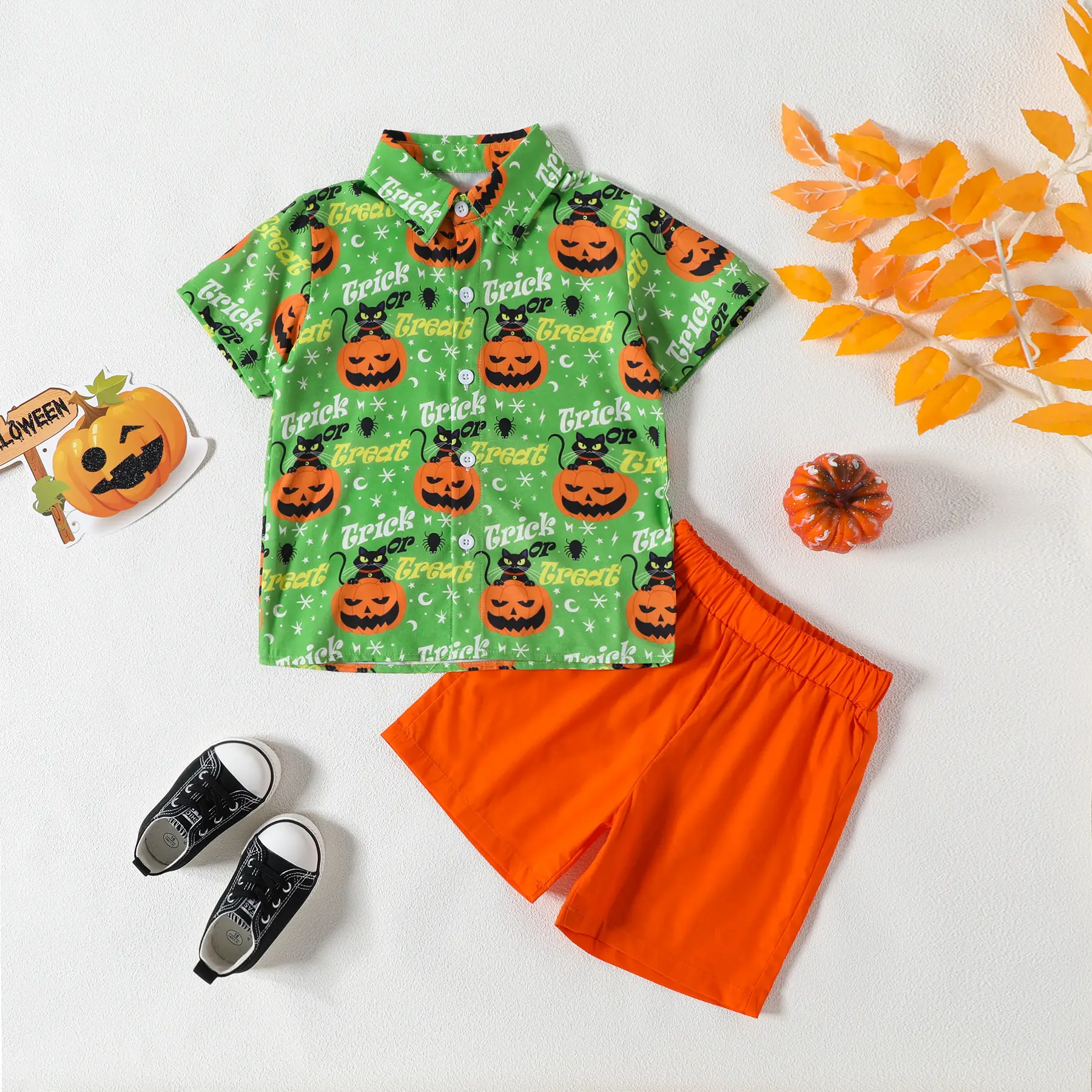 Boys Halloween Short Sleeve Pumpkin Print Shirt Shorts Set