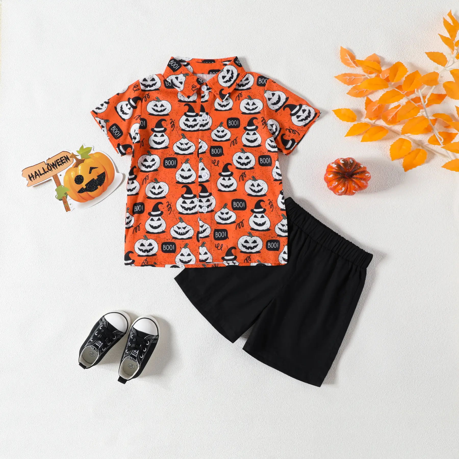 Boys Halloween Short Sleeve Pumpkin Print Shirt Shorts Set