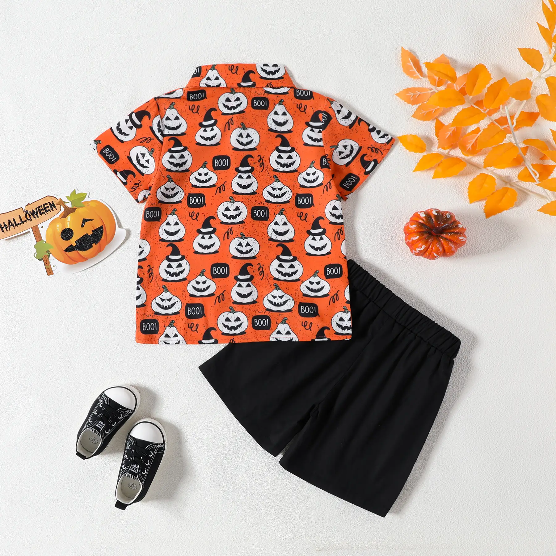Boys Halloween Short Sleeve Pumpkin Print Shirt Shorts Set