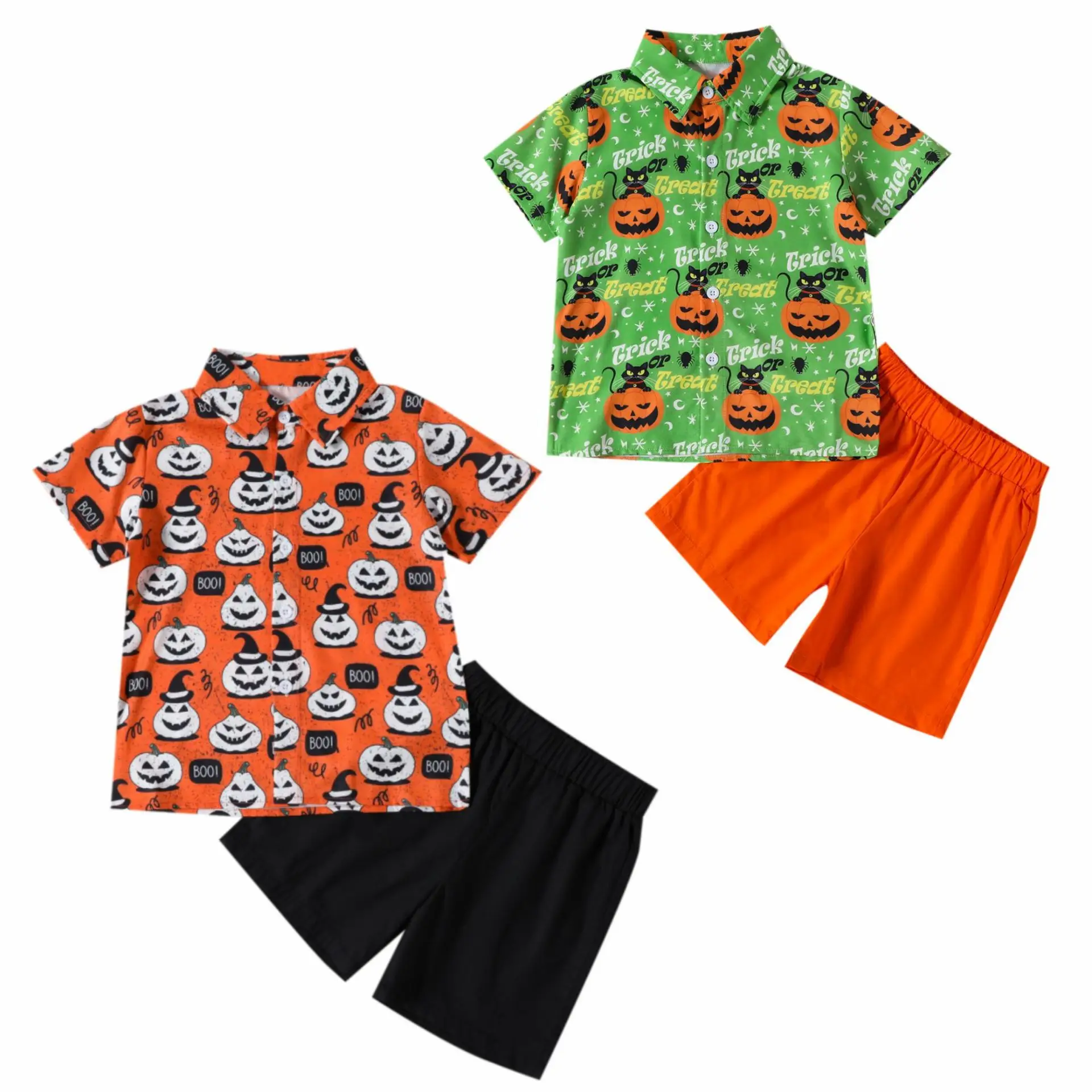 Boys Halloween Short Sleeve Pumpkin Print Shirt Shorts Set