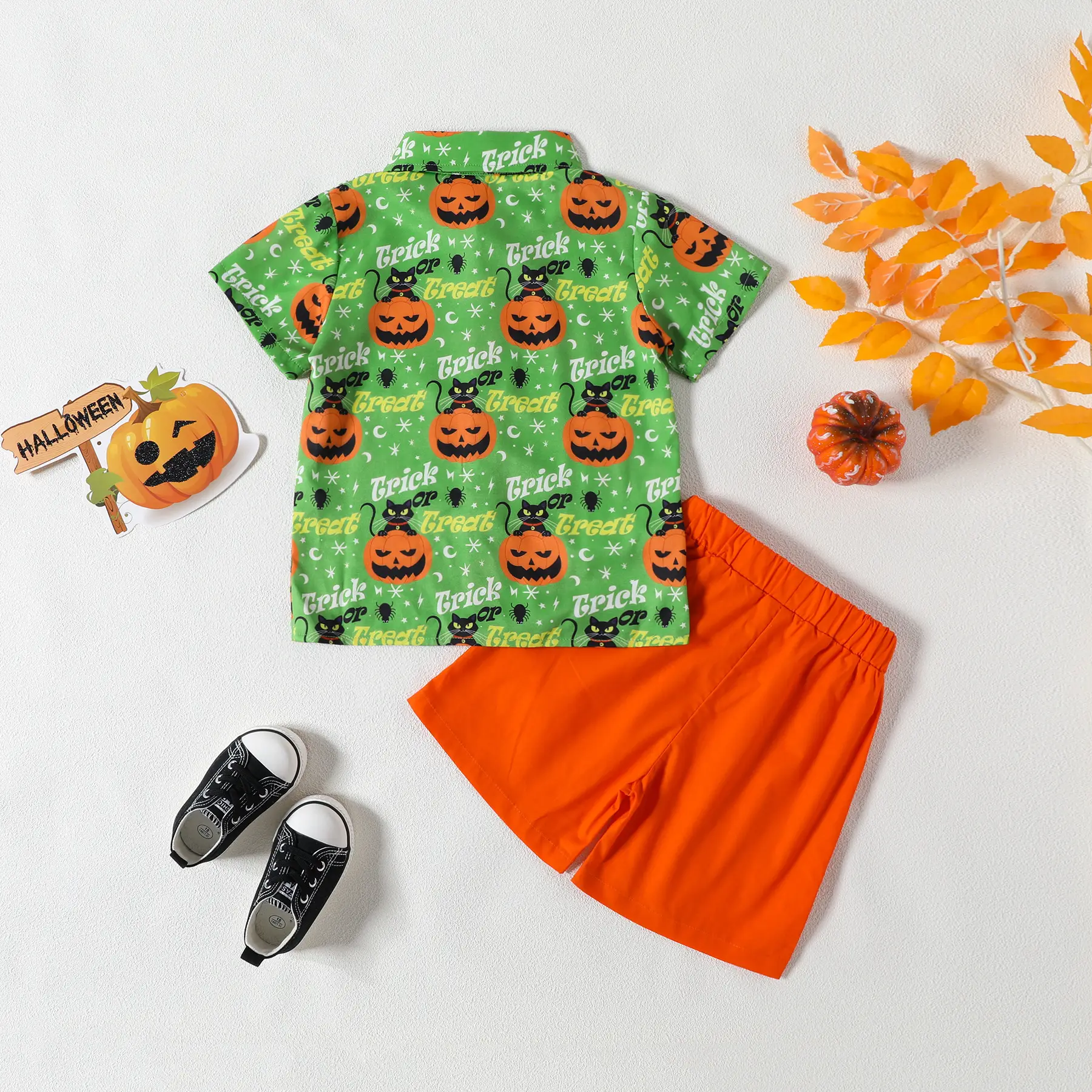 Boys Halloween Short Sleeve Pumpkin Print Shirt Shorts Set — feature 12