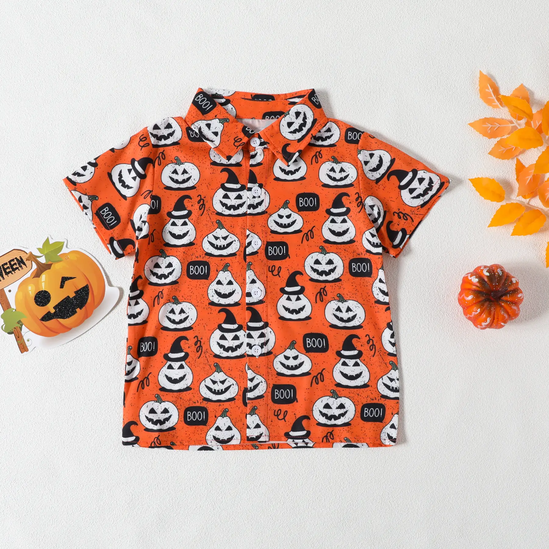 Boys Halloween Short Sleeve Pumpkin Print Shirt Shorts Set — feature 16