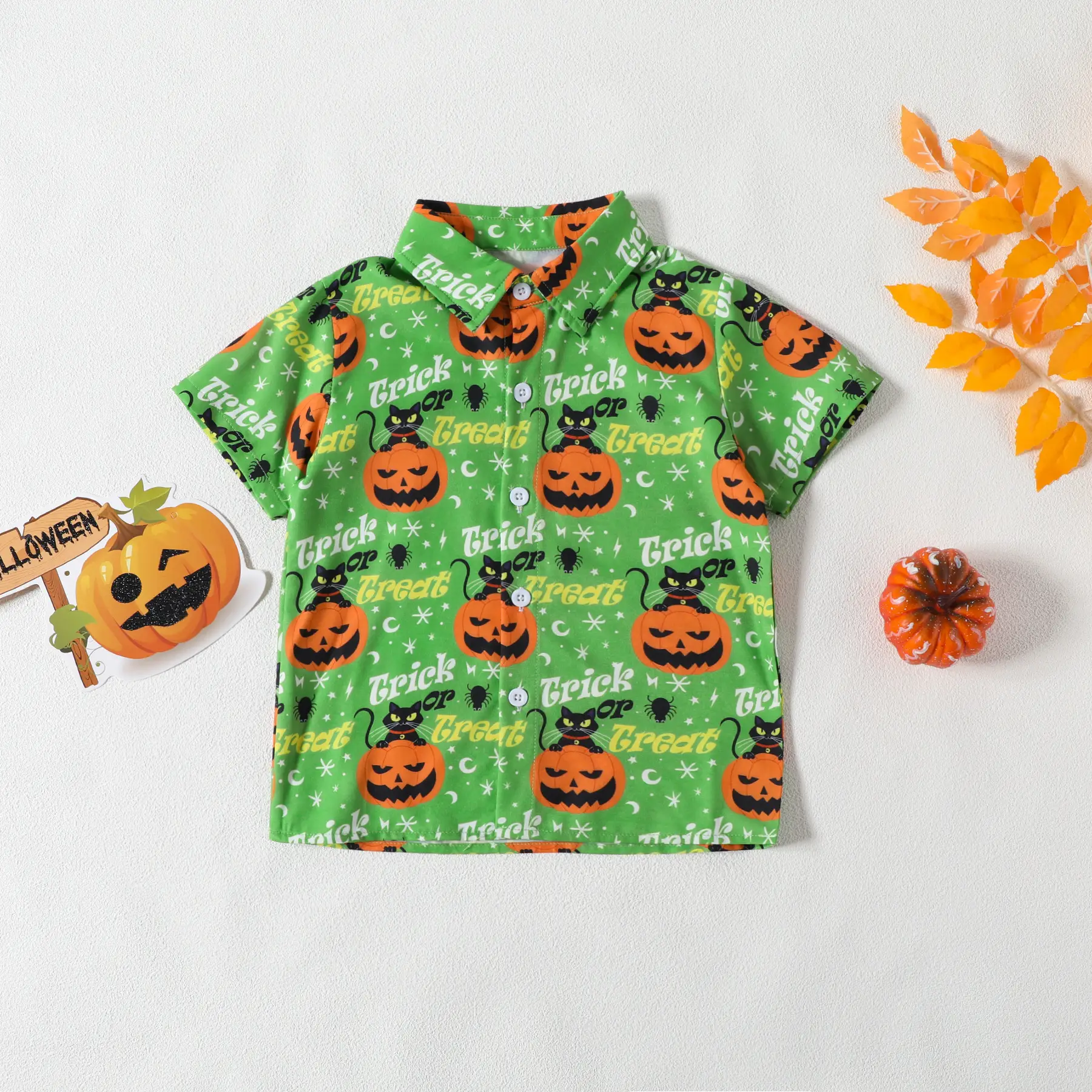 Boys Halloween Short Sleeve Pumpkin Print Shirt Shorts Set — feature 4