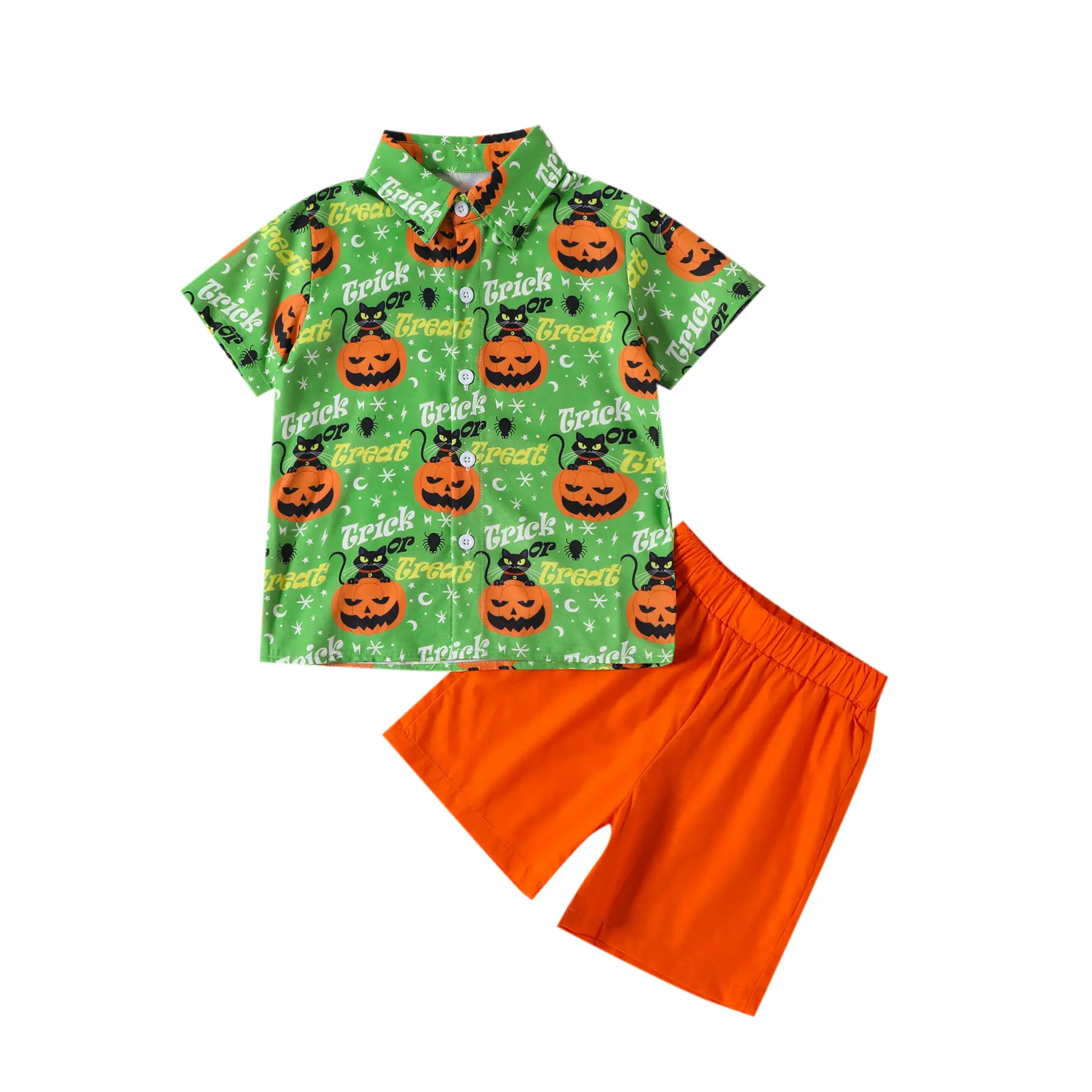 Boys Halloween Short Sleeve Pumpkin Print Shirt Shorts Set