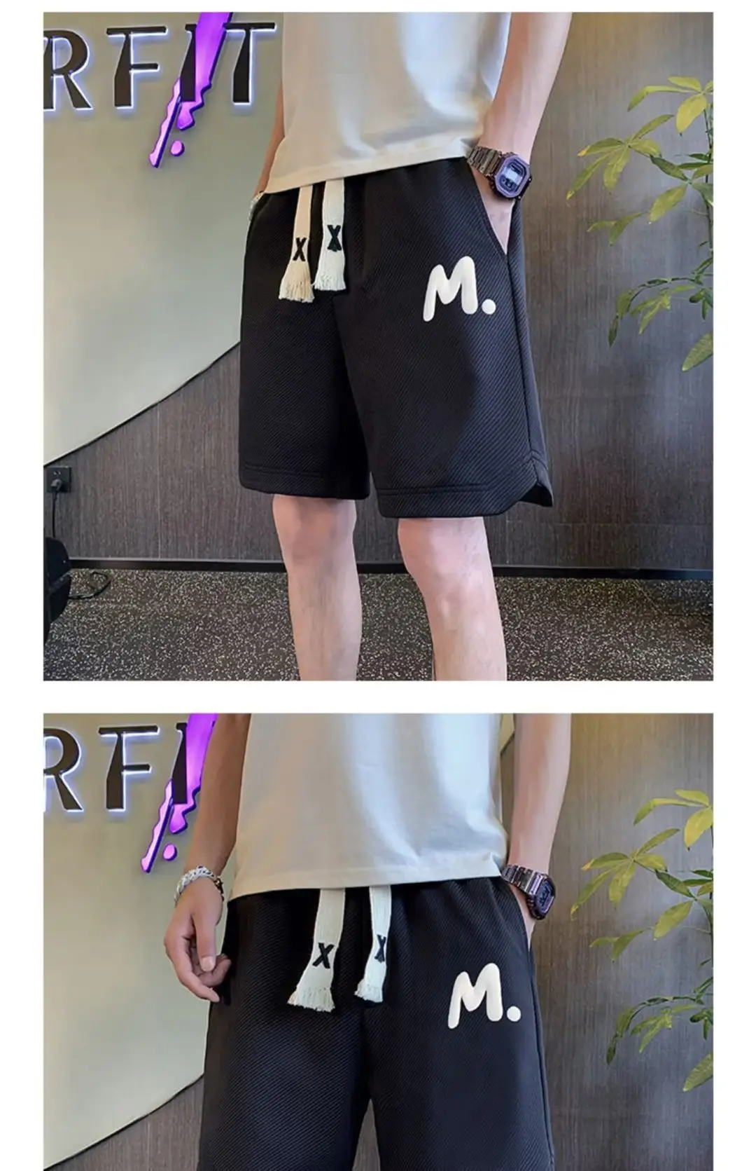 Men M. Embroidered Shorts Black Tassel Waist — feature 13