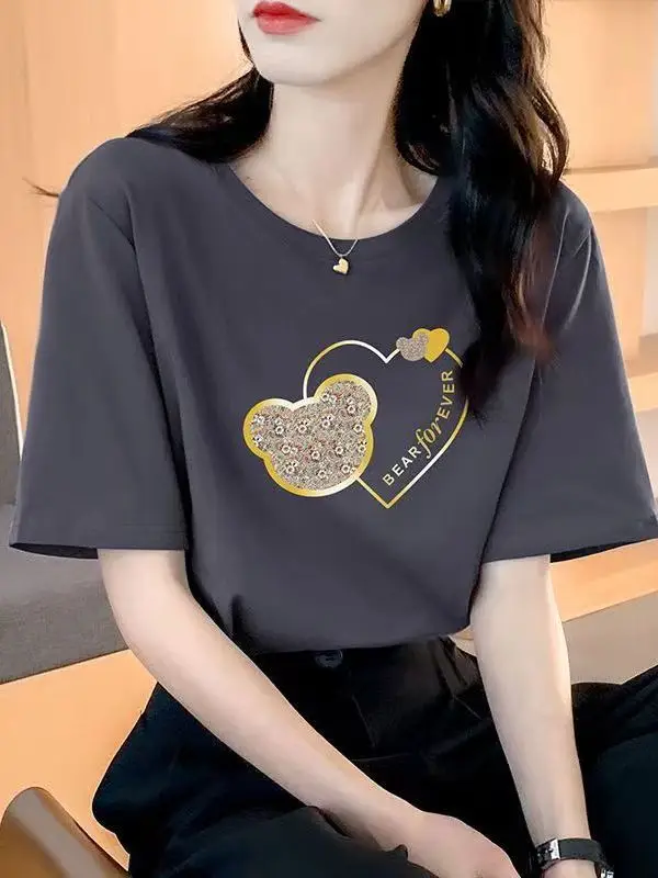 Women Bear Heart Print Cotton T-Shirt Grey 2025