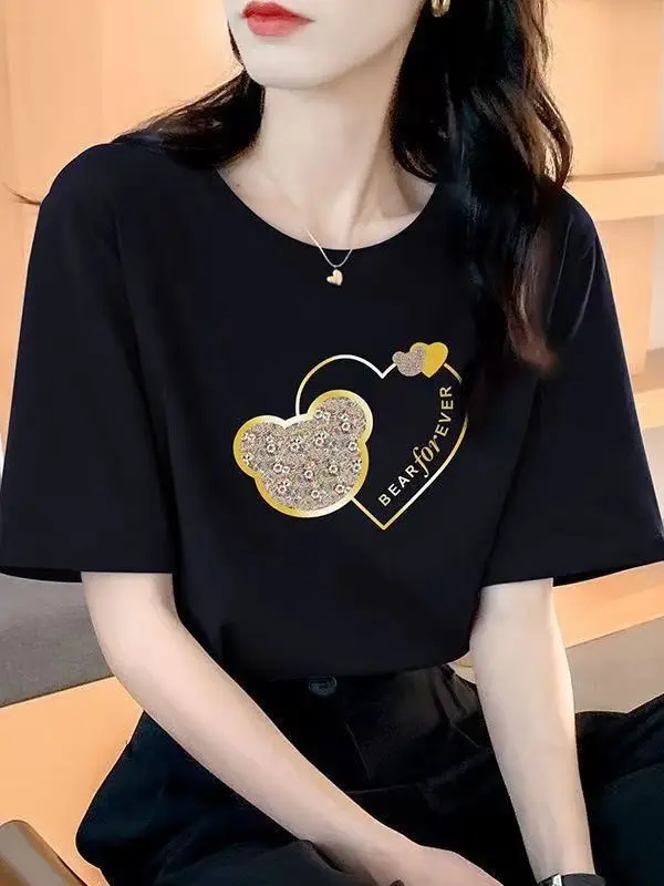 Women Bear Heart Print Cotton T-Shirt Grey 2025