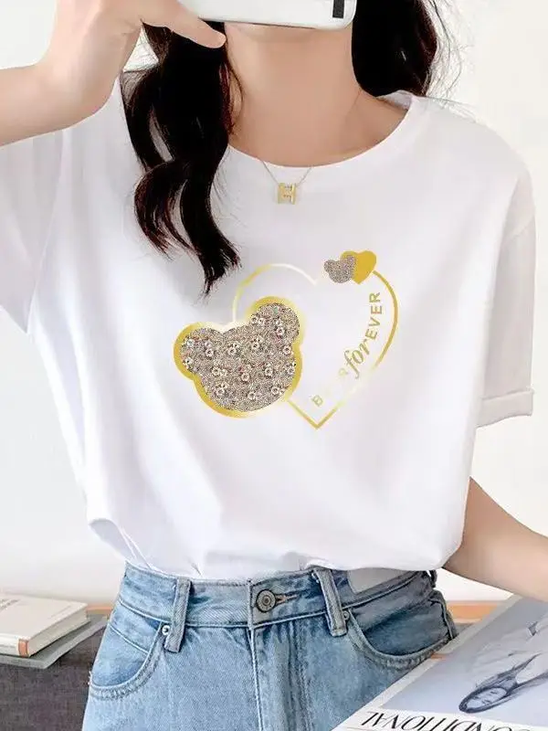 Women Bear Heart Print Cotton T-Shirt Grey 2025