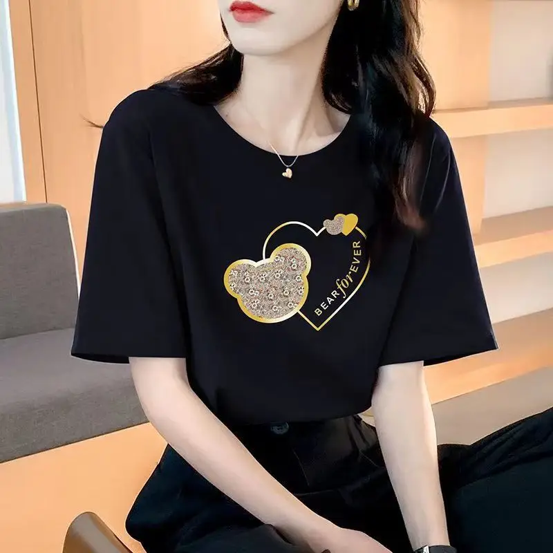 Women Bear Heart Print Cotton T-Shirt Grey 2025
