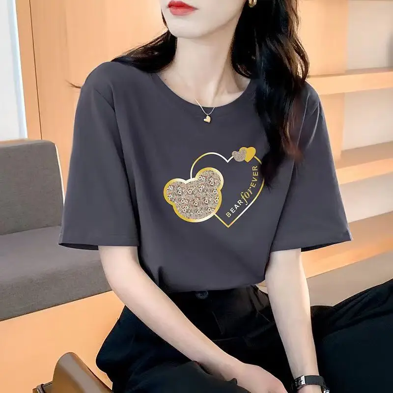 Women Bear Heart Print Cotton T-Shirt Grey 2025