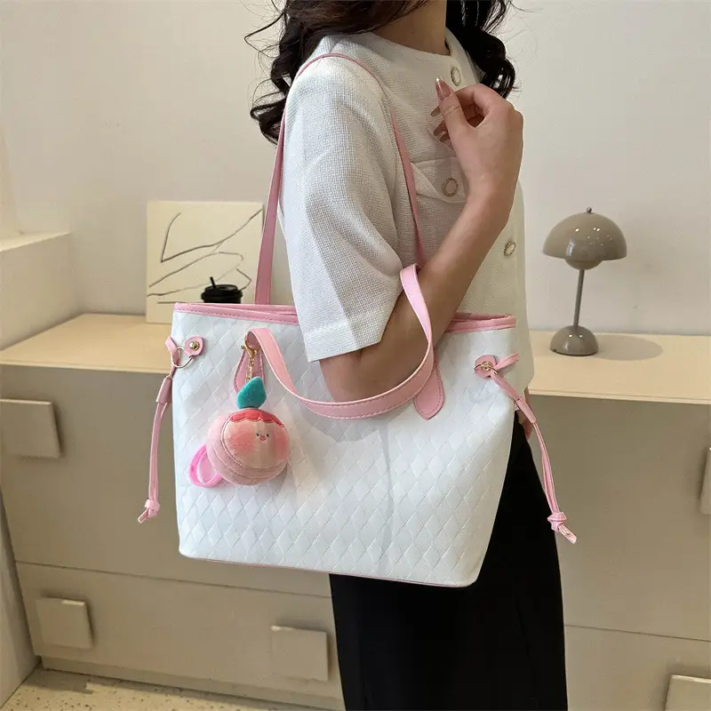 White Quilted Shoulder Bag with Pink Fruit Design for Women - Image 5