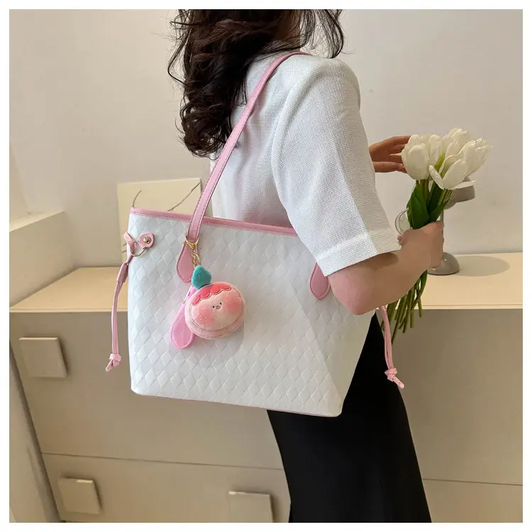 White Quilted Shoulder Bag with Pink Fruit Design for Women — feature 11