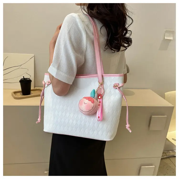 White Quilted Shoulder Bag with Pink Fruit Design for Women — feature 9