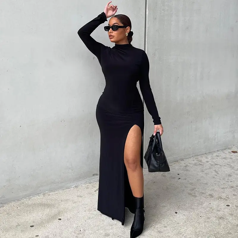 Black Long Sleeve Slim Fit Dress with High Slit — feature 21