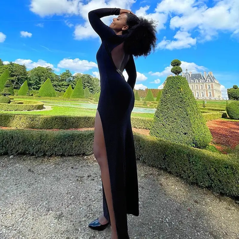 Black Long Sleeve Slim Fit Dress with High Slit — feature 19