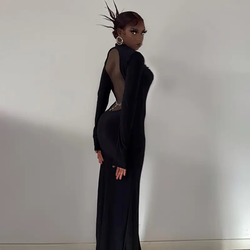 Black Long Sleeve Slim Fit Dress with High Slit — feature 28