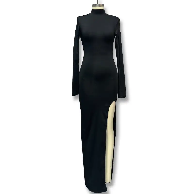 Black Long Sleeve Slim Fit Dress with High Slit — feature 33
