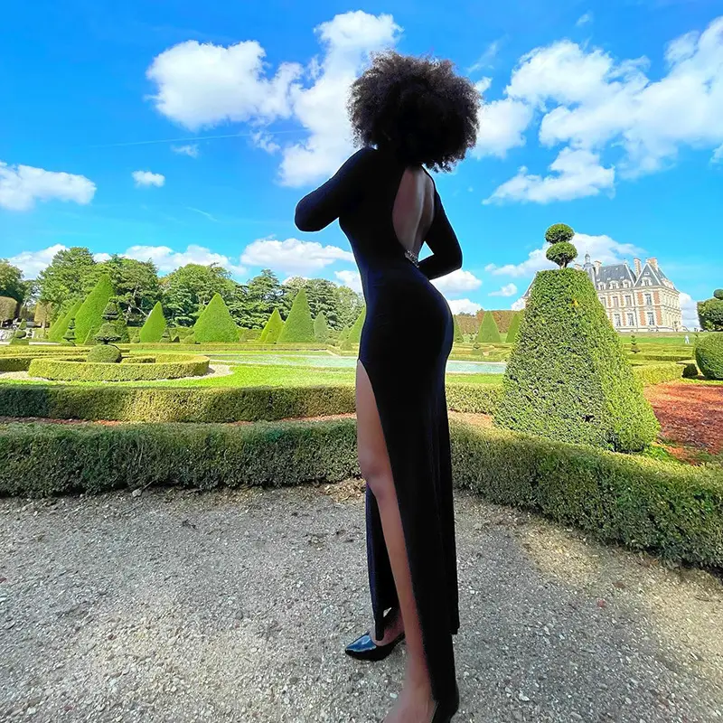 Black Long Sleeve Slim Fit Dress with High Slit — feature 18