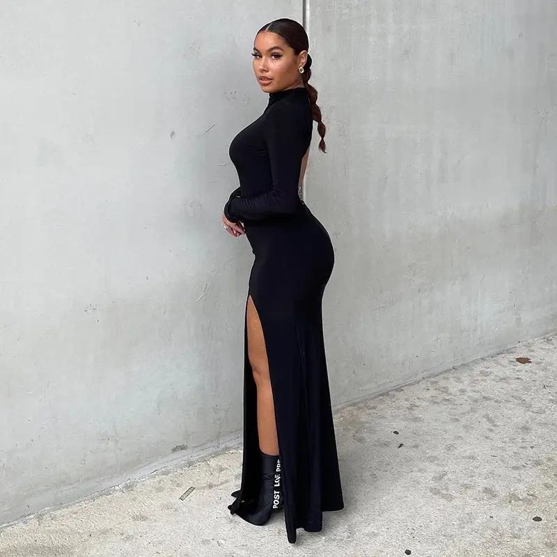 Black Long Sleeve Slim Fit Dress with High Slit — feature 22