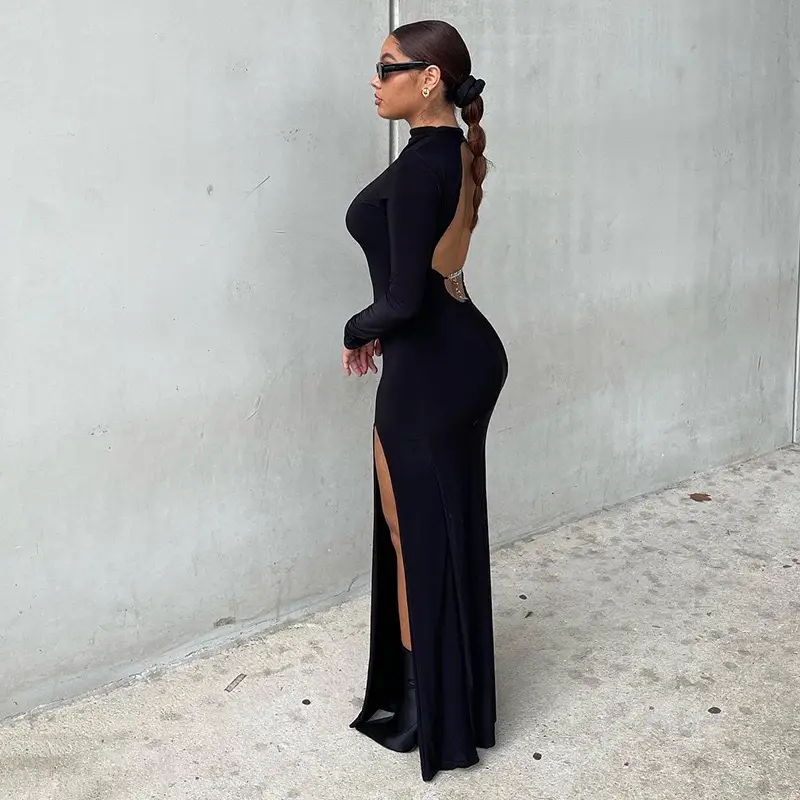 Black Long Sleeve Slim Fit Dress with High Slit — feature 23