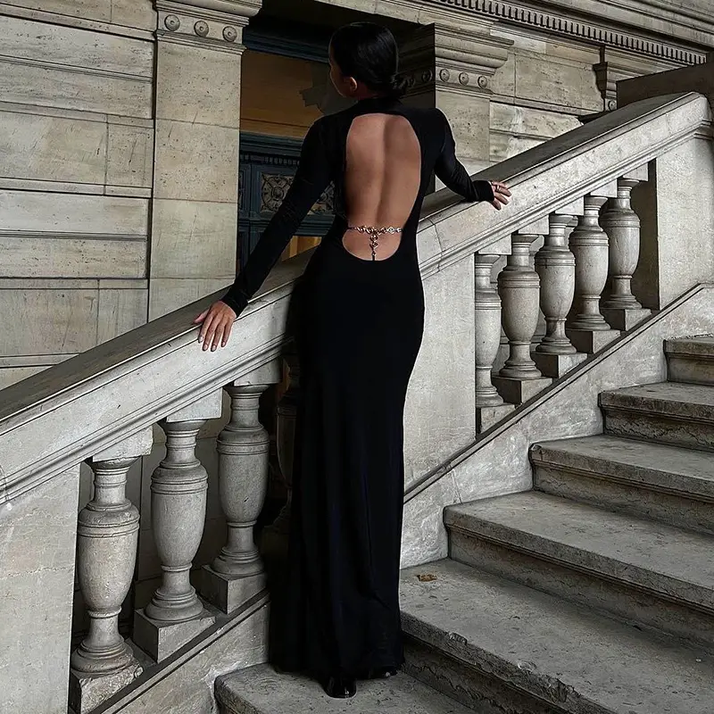 Black Long Sleeve Slim Fit Dress with High Slit — feature 27
