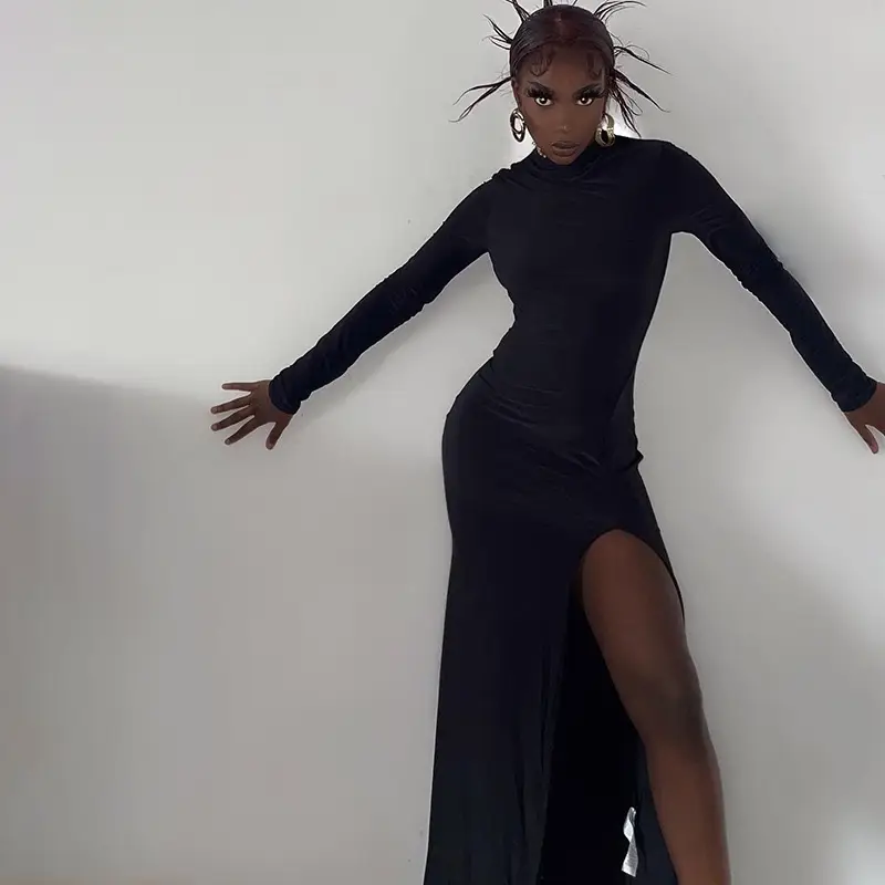 Black Long Sleeve Slim Fit Dress with High Slit — feature 29