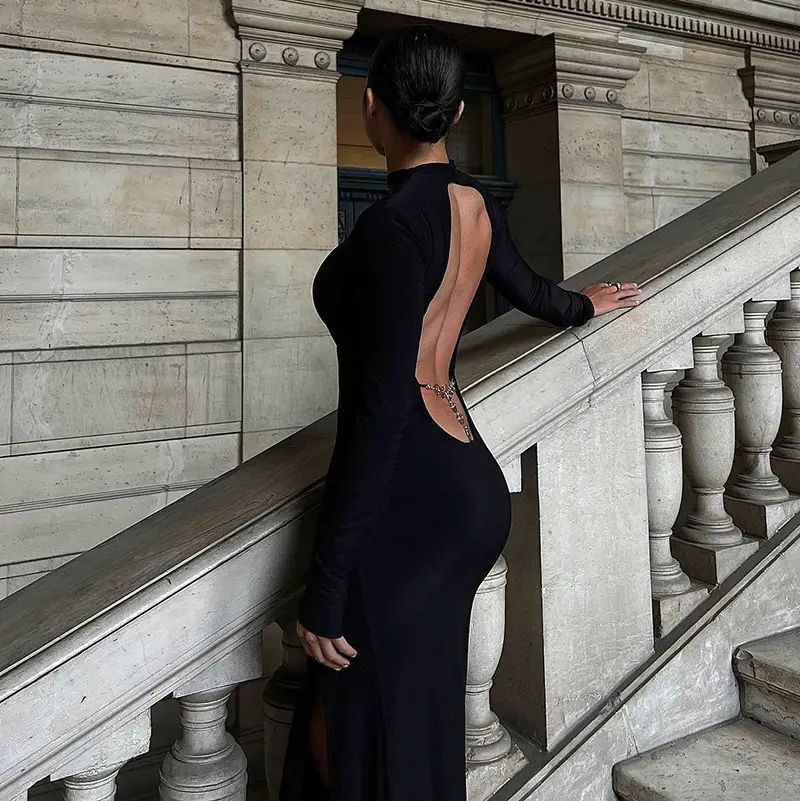 Black Long Sleeve Slim Fit Dress with High Slit — feature 30