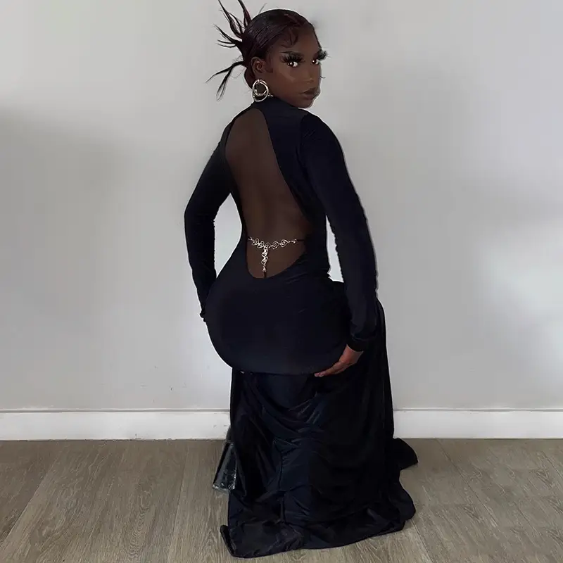 Black Long Sleeve Slim Fit Dress with High Slit — feature 31