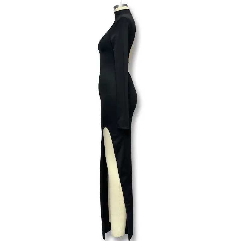 Black Long Sleeve Slim Fit Dress with High Slit — feature 34