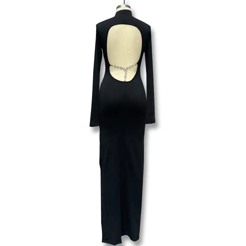Black Long Sleeve Slim Fit Dress with High Slit — feature 35